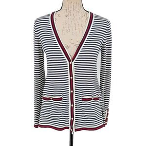 Talbots x Oprah Cardigan Sweater Black White Stripe Nautical Resort